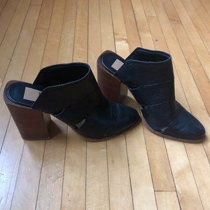 Black Leather Cutout Heels with Wood - look heels